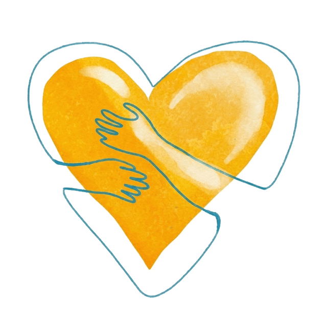 A watercolor illustration of a heart held in a pair of arms.