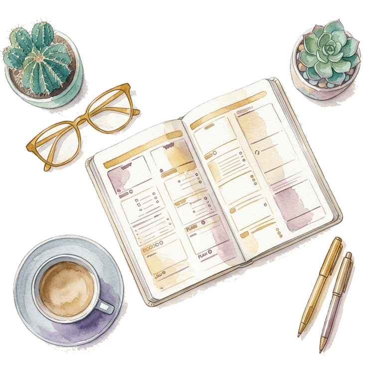 A watercolor illustration of an open planner with a coffee cup, glasses, pens, and plants.